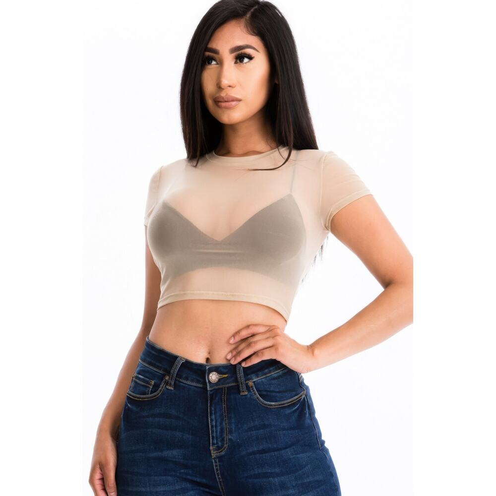 HackleBee | White Sexy Mesh Sheer Short Sleeve Crop Top Size S, M, L